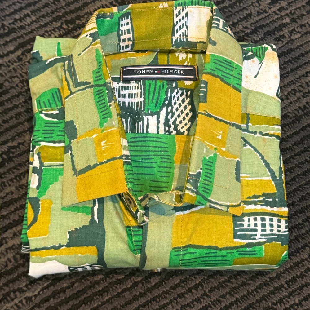 Tommy Hilfiger Green Yellow Abstract Button Up Shirt Men’s Medium - Picture 5 of 7